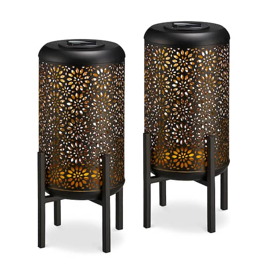 Glitzhome® 14.25" Black Metal Cutout Flower Pattern Solar Powered LED Outdoor Lanterns, 2ct.